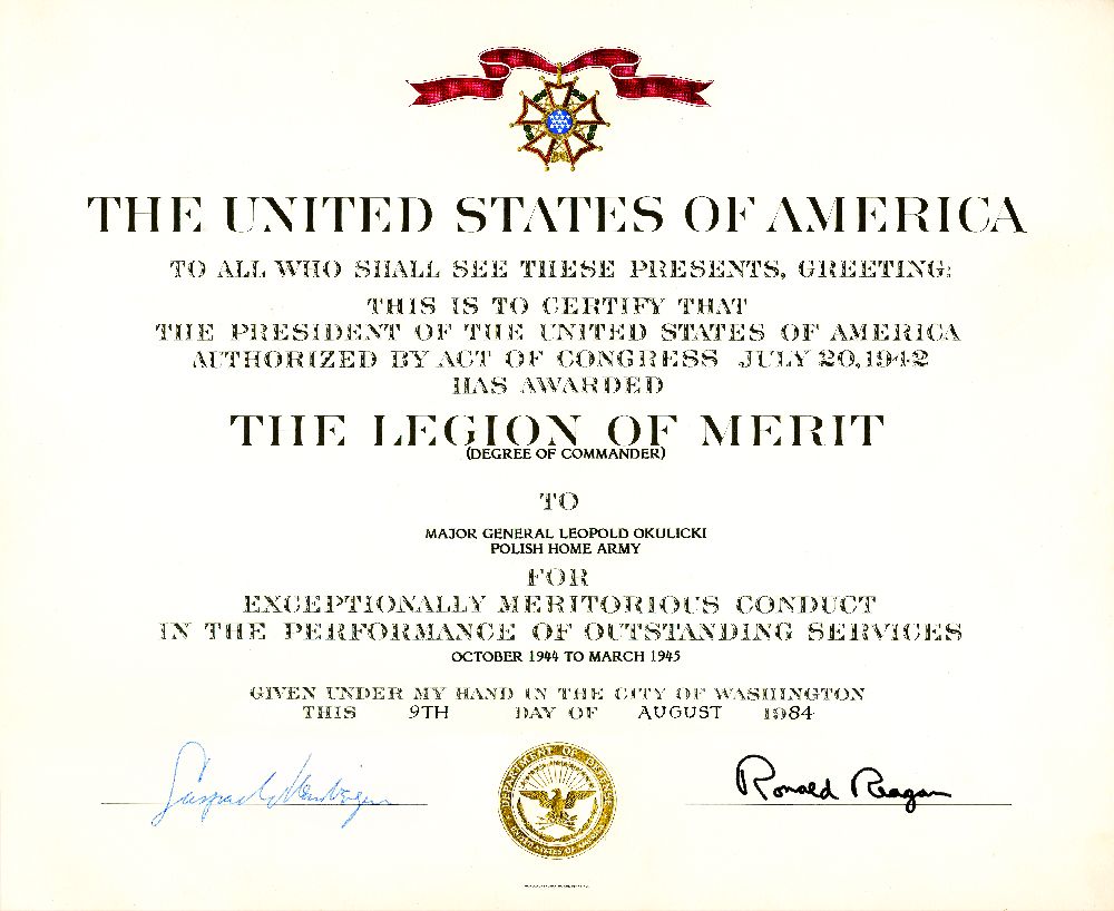 Dyplom Orderu Legion of Merit podpisany przez Ronalda Regana