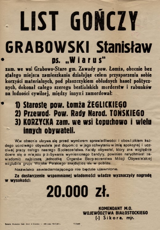 List gończy za Stanisławem Grabowskim &quot;Wiarusem&quot; z lutego 1948 r. (fot. Archiwum IPN O/Białystok).