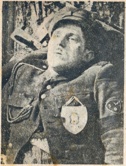 Zdjęcie pośmiertne Stanisława Grabowskiego „Wiarusa”. Babino, 22 marca 1952 r. Fragment artykułu z „Gazety Białostockiej” z 1956 r. (fot. zbiory Barbary Sinczykowskiej).