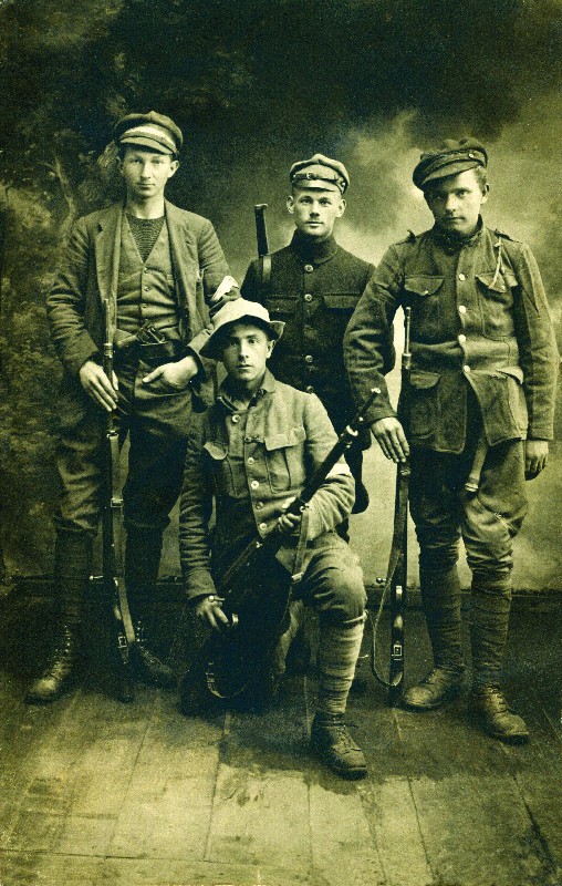 The Third Silesian Uprising, 1921. Standing from left: Stefan Korboński, Kazimierz Galiński, Jan Wajzner, kneeling in front is J. Chmielewski