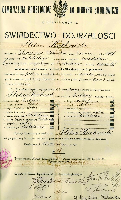 Stefan Korboński’s secondary school certificate dated 13 June 1921
