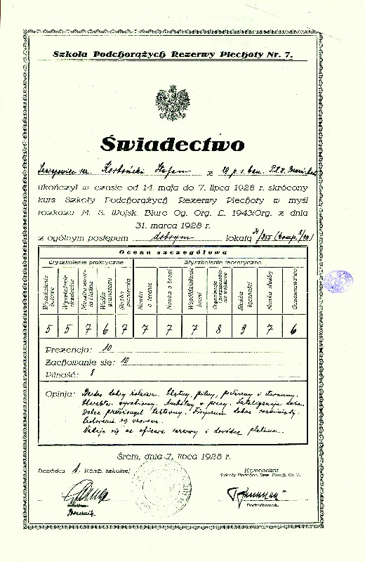 Stefan Korboński’s certificate of graduation from the Infantry Reserve Officer Cadet School No 7 in Śrem dated 7 July 1928