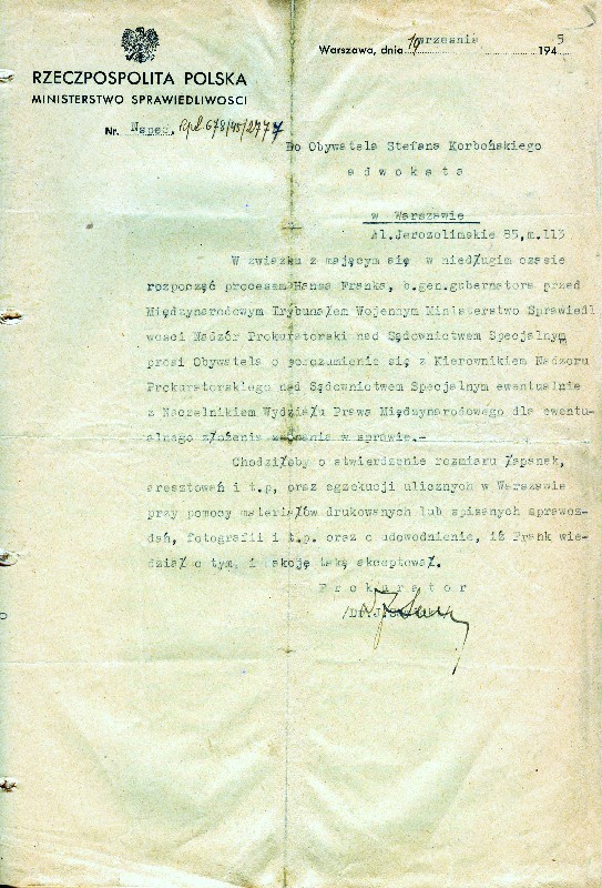 Letter from the Polish Ministry of Justice dated 19 September 1945 to Stefan Korboński on testimony in connection with Hans Frank’s trial