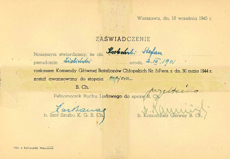 Certificate from the former Commander-in-Chief of the Peasants’ Battalions on the promotion of Stefan Korboński to the rank of major dated