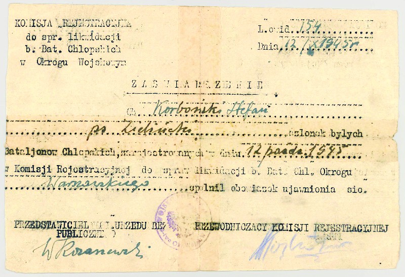 Certificate of disclosure issued to Stefan Korboński by the Registration Committee for the liquidation of the former Peasants’ Battalions