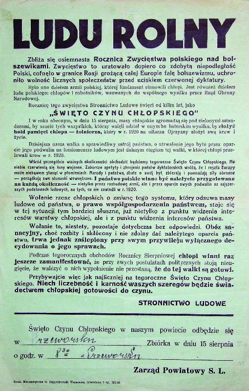 Appeal by the Peasant Party on the 18th anniversary of the 1920 Battle of Warsaw