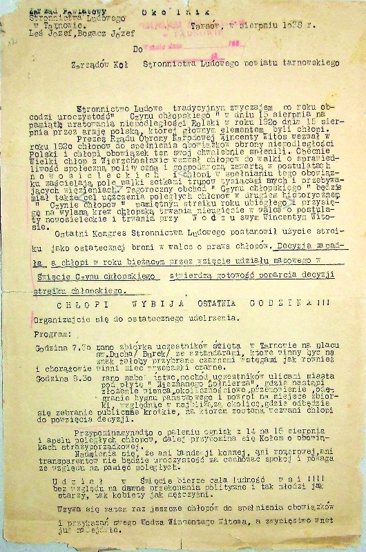 Circular letter or the Tarnów County Board of the Peasant Party marking the 18th anniversary of the 1920 Battle of Warsaw